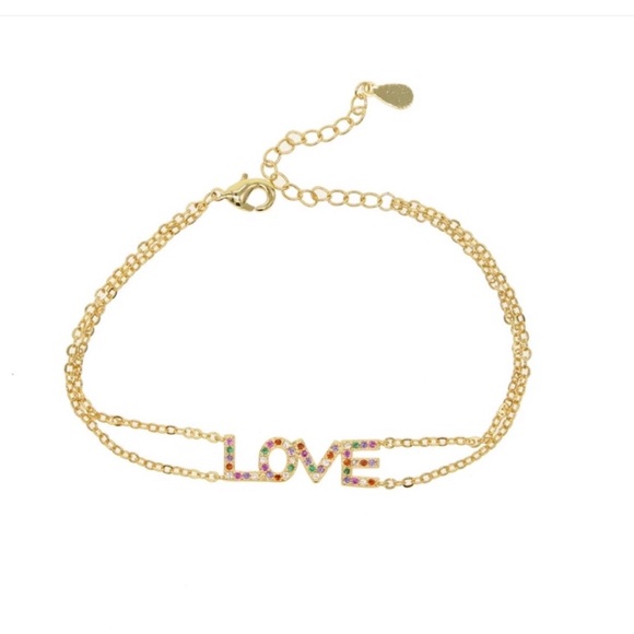 Jewelry - Gold LOVE Bracelet Multicolor Crystal Pavé Dainty Double Chain Stackable Gift